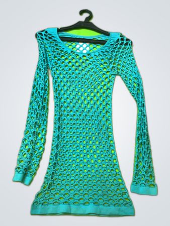 Turquoise Sheer Mesh Long Sleeve Blouse