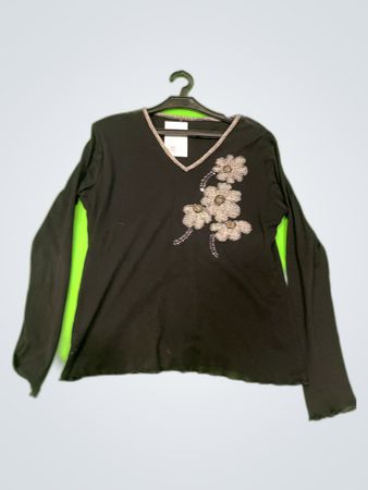 Black Long-Sleeve V-Neck Blouse with Floral Embroidery