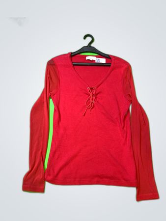 Promod Red Lace-up Long Sleeve Blouse