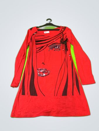 Toumai Red Graphic Long-Sleeve Mini Dress