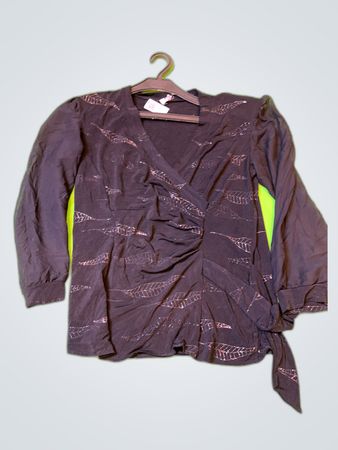 Black Sequin Leaf Print Wrap Blouse