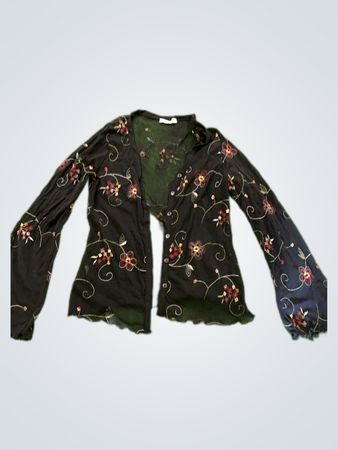 Promod Black Floral Embroidered Sheer Blouse