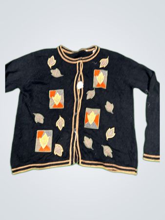 Black Knit Cardigan with Leaf and Geometric Appliques