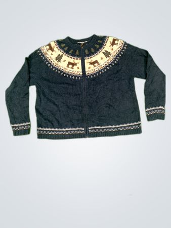 Navy Knit Cardigan with Moose Pattern