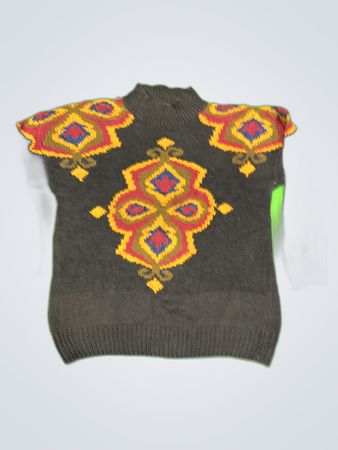Gray Knit Sweater with Colorful Embellishments