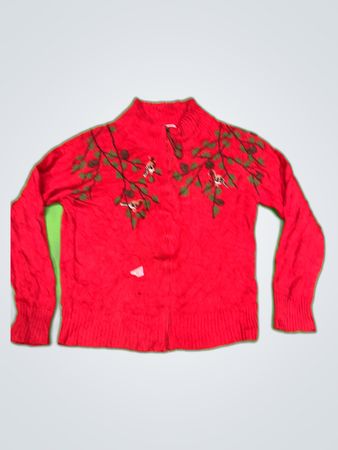 Coldwater Creek Red Embroidered Knit Cardigan