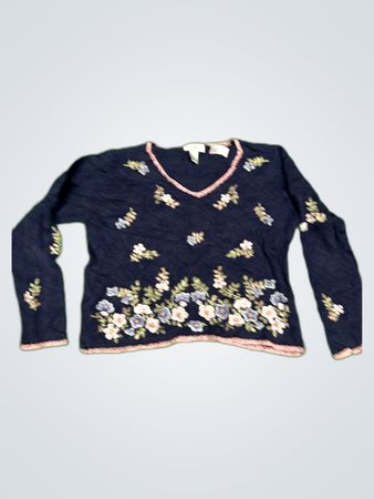 Navy Blue Floral Embroidered Sweater