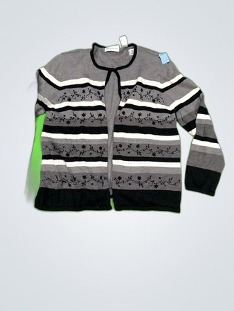 Alfred Dunner Gray Striped Knit Cardigan