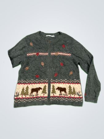 Grey Knit Cardigan with Moose and Leaf Embroidery