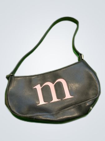 Black Leather Shoulder Bag with Pink Letter