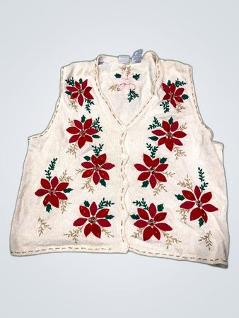 Bobbie Brooks Embroidered Poinsettia Knit Cardigan Vest