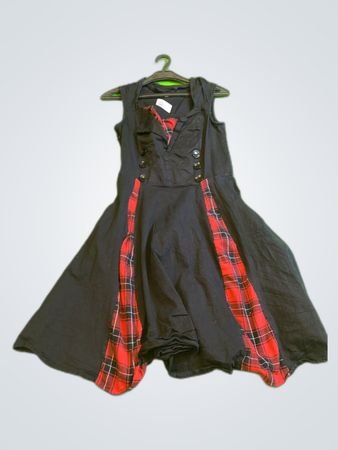 Black Sleeveless Pinafore Mini Dress with Plaid Accents
