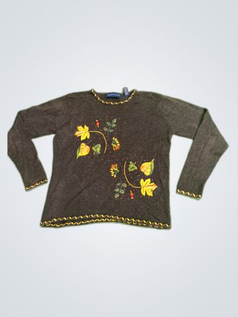 Karen Scott Long Sleeve Top with Floral Embroidery