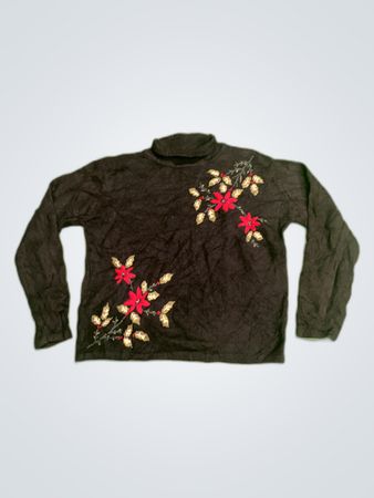 Dressbarn Black Floral Embroidered Turtleneck Sweater