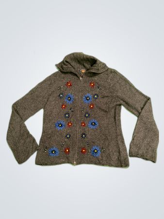 Gray Floral Zippered Hooded Sweater