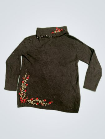 K&K IT Black Embroidered Turtleneck Knit Top