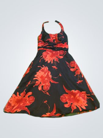 Black Red Floral Halter Party Dress XS
