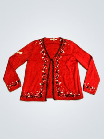 Dressbarn Red Floral Knit Cardigan