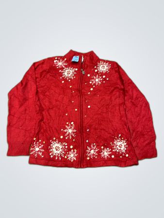 Red Knit Cardigan with Snowflake Embroidery
