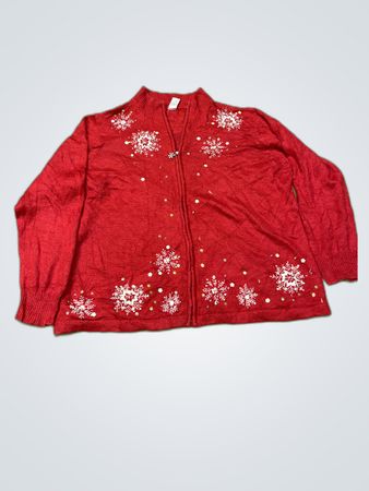 Red Snowflake Embroidered Zip Cardigan