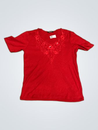 Red Blouse with Embellished Neckline