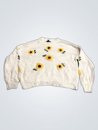 Forever 21 White Knit Sweater with Sunflower Embroidery