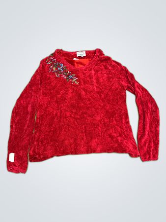 Red Embroidered Velvet Sweater