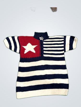 Navy Blue Striped Sweater with White and Red Accents