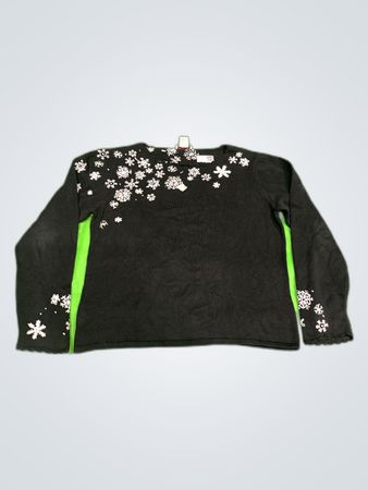 Talbots Black Snowflake Embroidered Round Neck Sweater