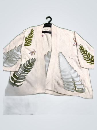 White Knit Cardigan with Fern and Dragonfly Design