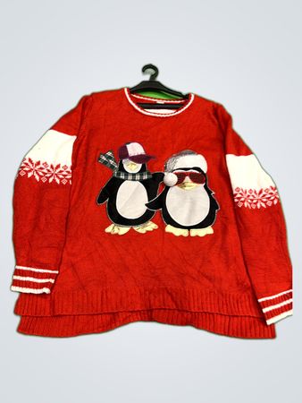 Red and White Christmas Sweater with Penguin Design