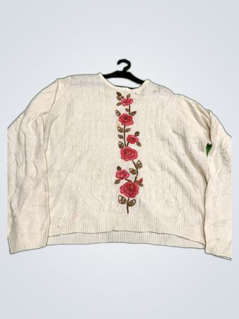 White Cable Knit Sweater with Rose Embroidery