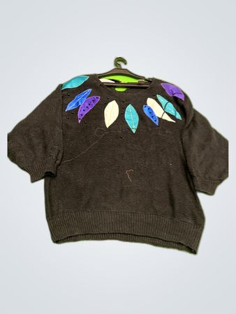 Sara Outland Black Knit Sweater with Leaf Appliques