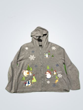 ONGUEUE Gray Christmas Embroidered Zip-Up Hoodie