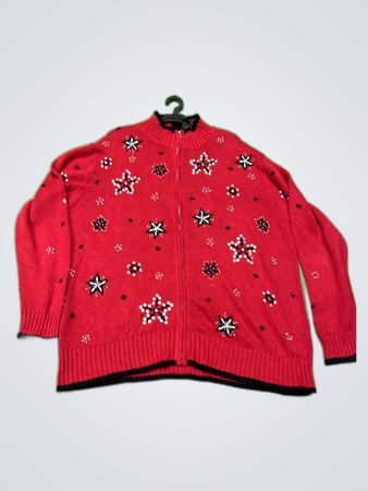 Erika Red Beaded Star Zip Cardigan