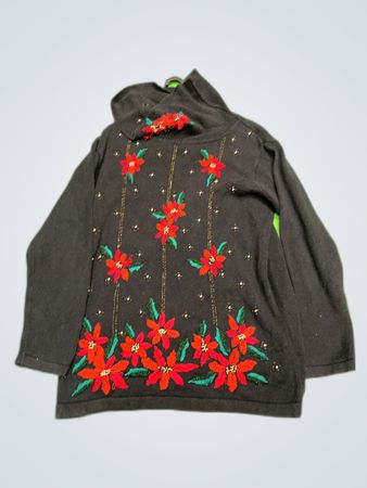 Victoria Jones Black Poinsettia Embroidered Turtleneck Sweater