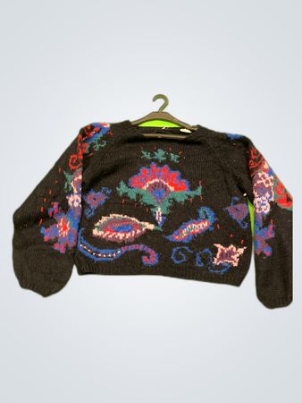 Black Cropped Sweater with Colorful Floral Pattern
