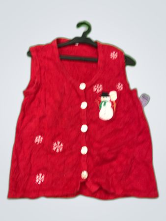 Red Knit Vest with Snowman Design