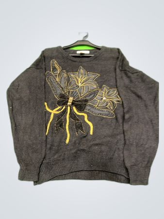Gray Knit Sweater with Dragonfly Design