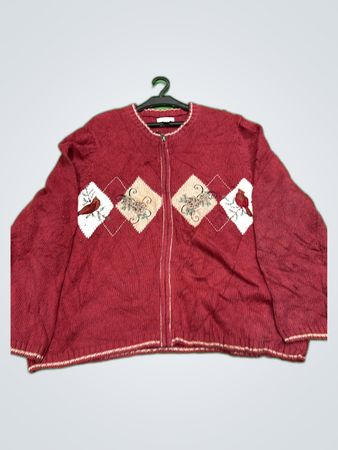 Red Embroidered Knit Cardigan