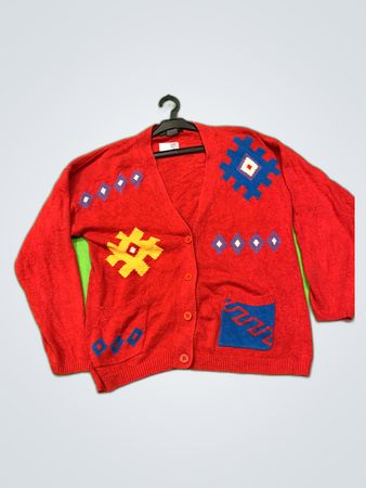 Red Knit Cardigan with Geometric Patterns