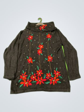 Victoria Jones Embroidered Poinsettia Turtleneck Sweater