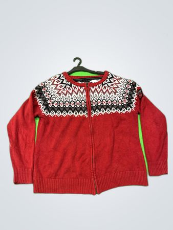 Red Knit Sweater with White and Black Pattern