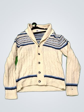 Cream-colored Knit Sweater with Blue Stripes