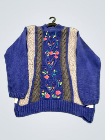 Blue Knit Sweater with Floral Pattern