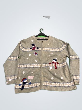 Croft & Barrow Women's Gray Christmas Snowman Zip Cardigan