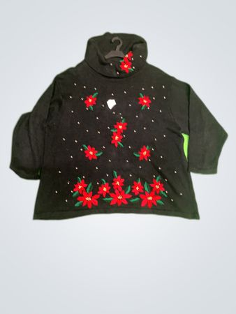 Victoria Jones Black Poinsettia Turtleneck Sweater