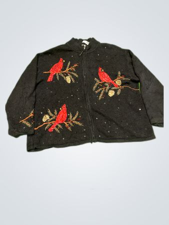 dressbarn Black Embroidered Cardinal Knit Cardigan