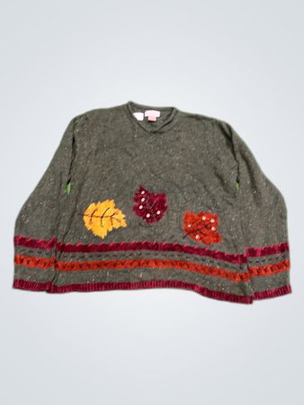 Studio Works Gray Knit Sweater with Leaf Design