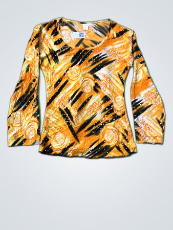 Blouse with Orange, Black, and White Pattern